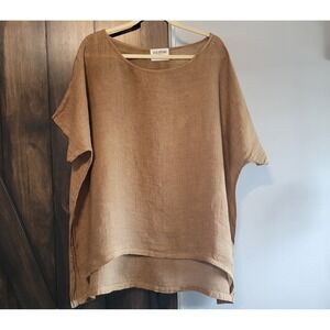 Verandah by Vina 100% Linen Top Womens Tan Oversized Boxy Minimalist Lagenlook